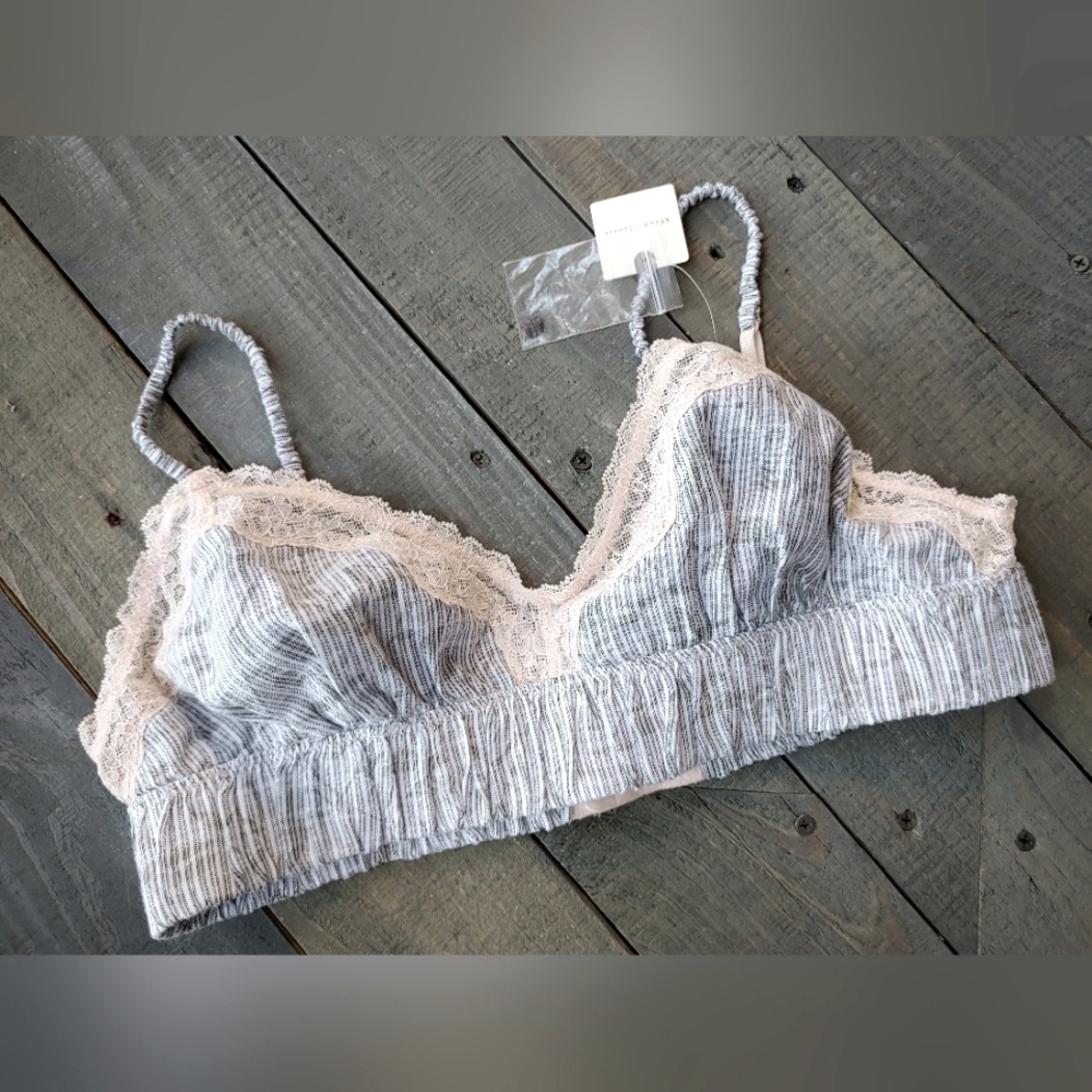 Anthropologie, Floret bralette, size L thin gray pinstripe with pink lace
